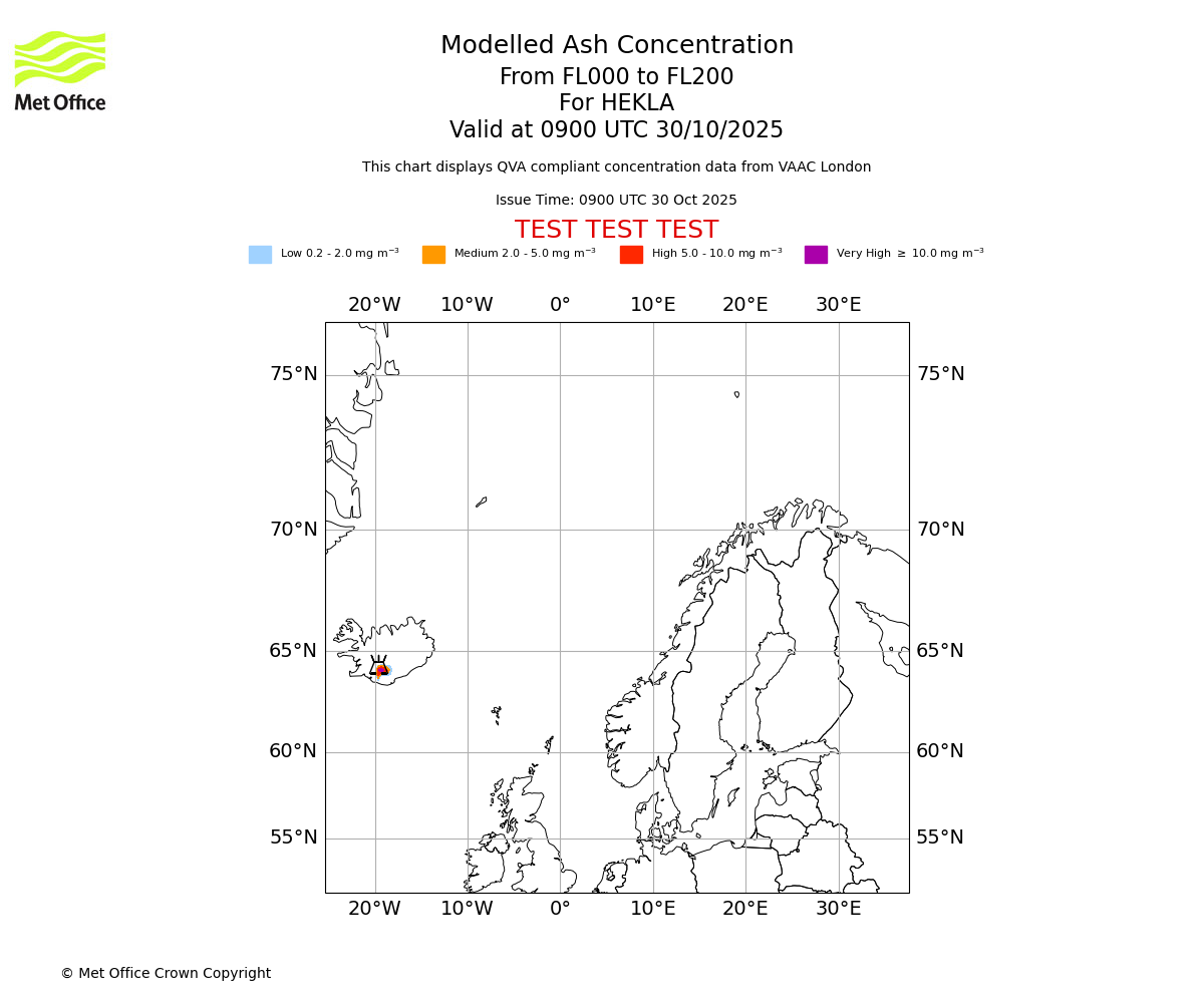 Modelled ash concentration from 000 to 200 for HEKLA. Valid at 0900 UTC 30/10/2025