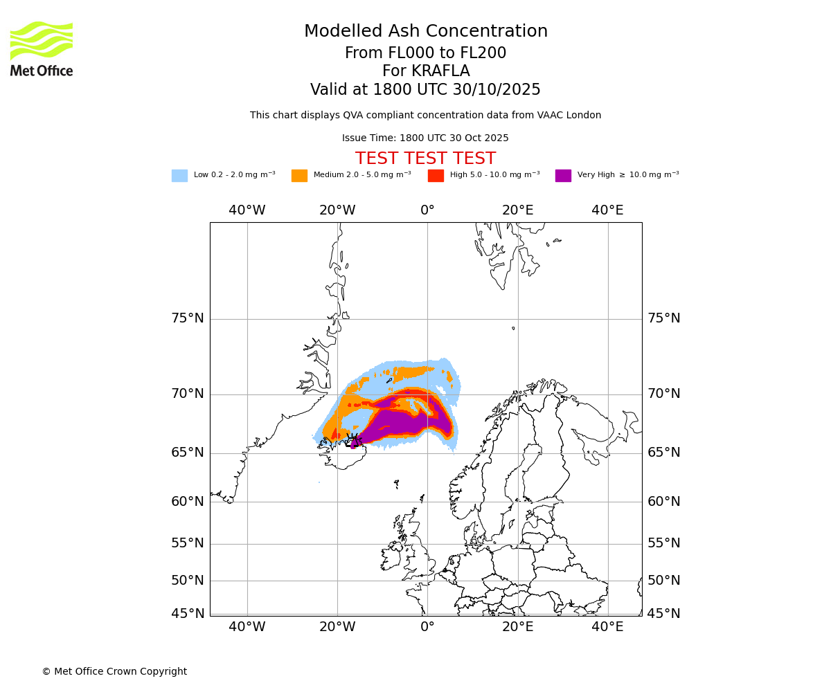 Modelled ash concentration from 000 to 200 for KRAFLA. Valid at 1800 UTC 30/10/2025
