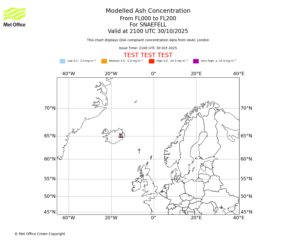 Modelled ash concentration from 000 to 200 for SNAEFELL. Valid at 2100 UTC 30/10/2025