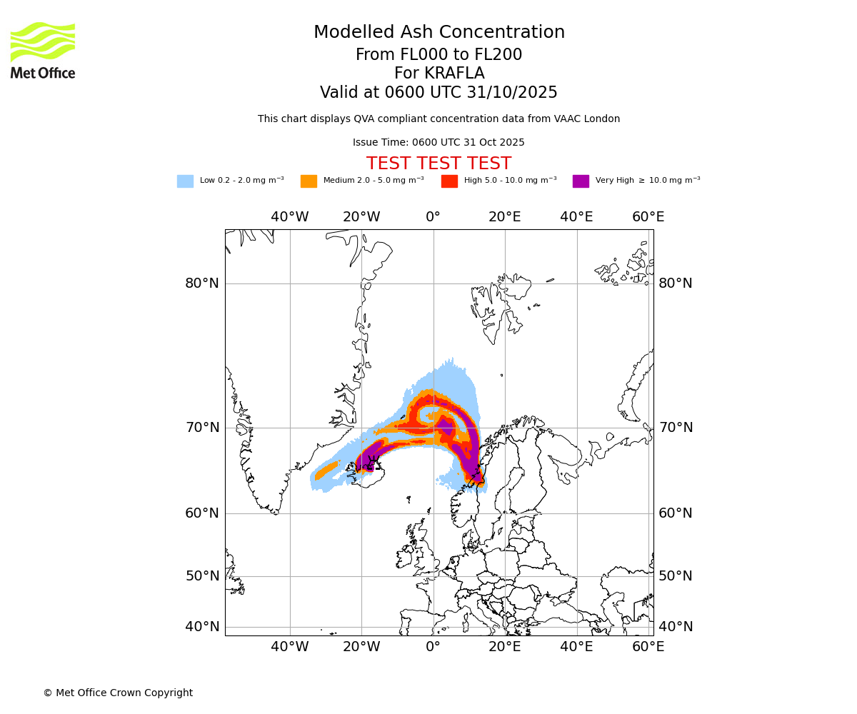 Modelled ash concentration from 000 to 200 for KRAFLA. Valid at 0600 UTC 31/10/2025