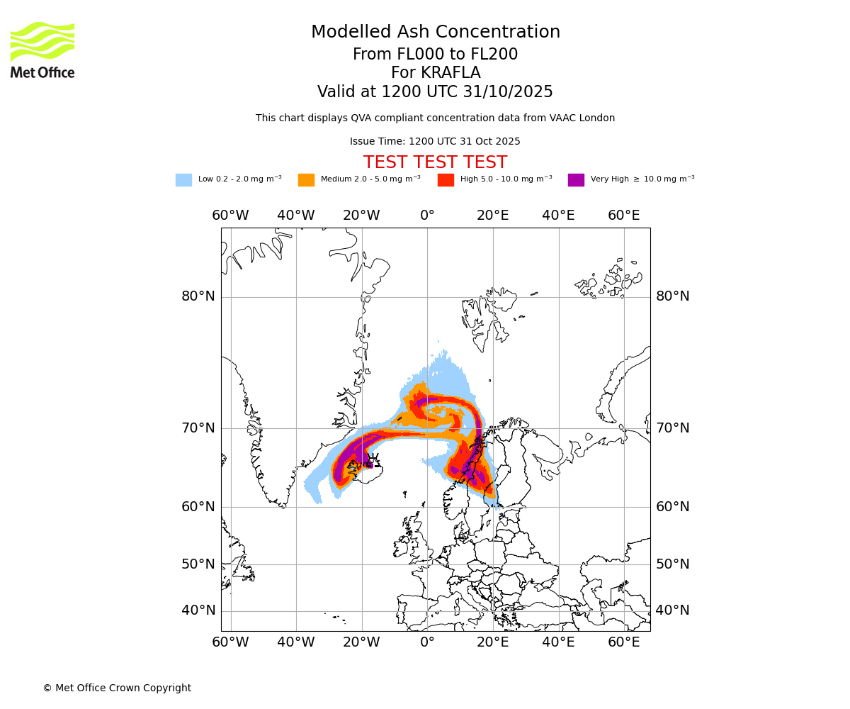 Modelled ash concentration from 000 to 200 for KRAFLA. Valid at 1200 UTC 31/10/2025