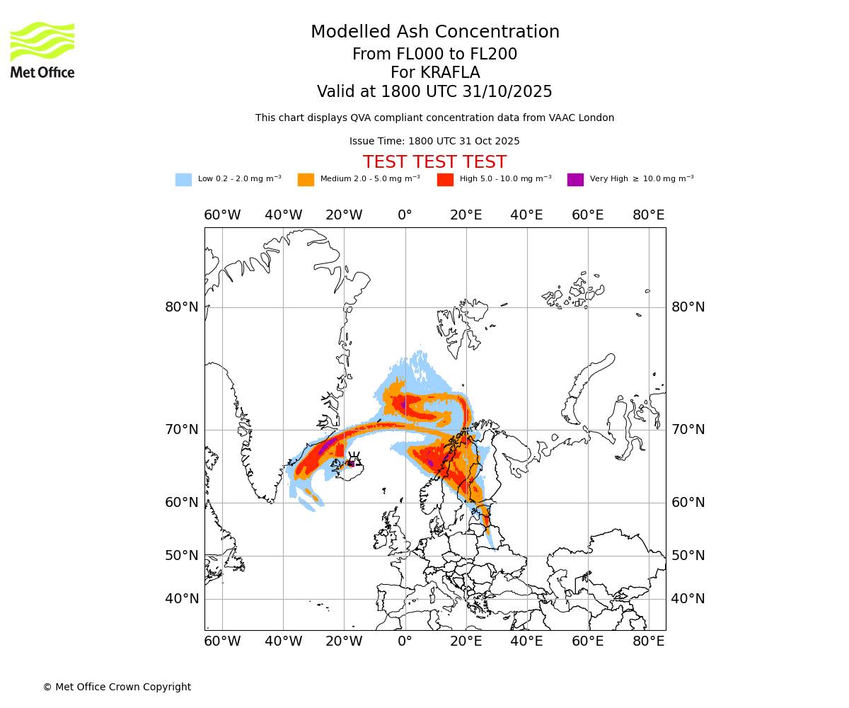 Modelled ash concentration from 000 to 200 for KRAFLA. Valid at 1800 UTC 31/10/2025