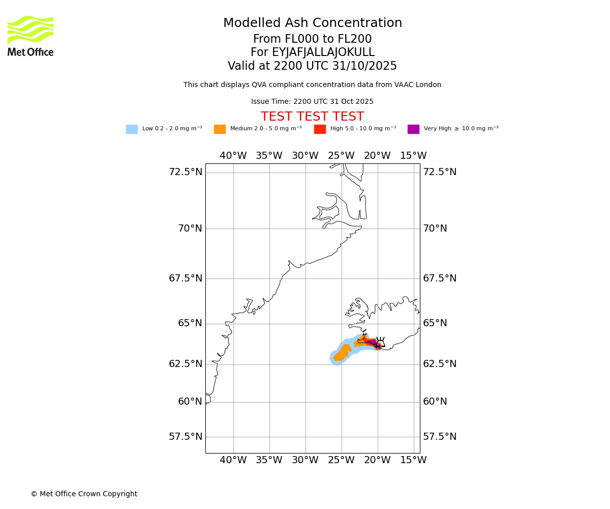 Modelled ash concentration from 000 to 200 for EYJAFJALLAJOKULL. Valid at 2200 UTC 31/10/2025