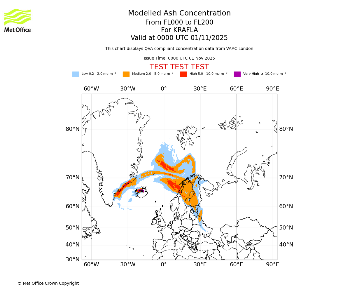 Modelled ash concentration from 000 to 200 for KRAFLA. Valid at 0000 UTC 01/11/2025