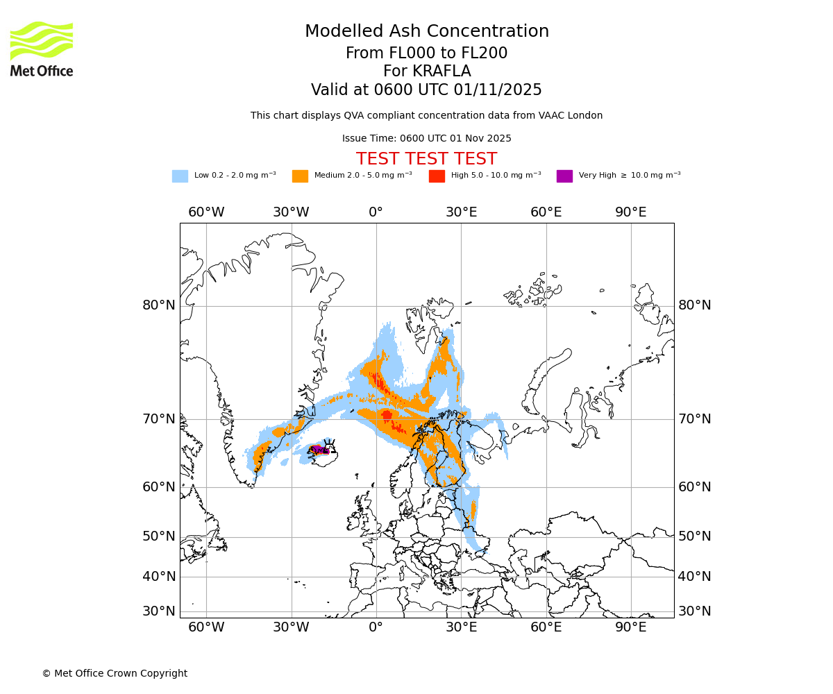 Modelled ash concentration from 000 to 200 for KRAFLA. Valid at 0600 UTC 01/11/2025