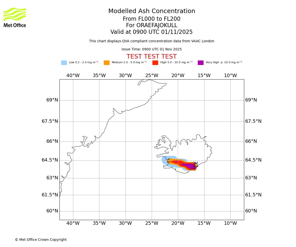 Modelled ash concentration from 000 to 200 for ORAEFAJOKULL. Valid at 0900 UTC 01/11/2025