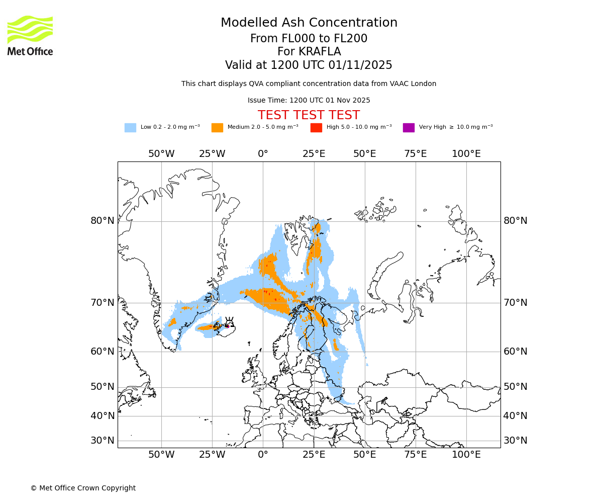 Modelled ash concentration from 000 to 200 for KRAFLA. Valid at 1200 UTC 01/11/2025