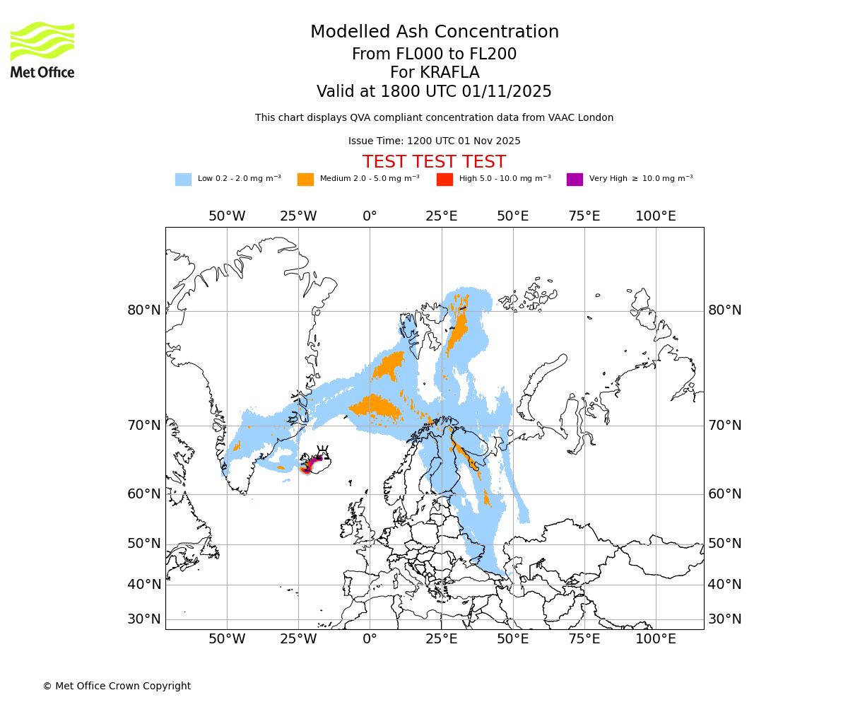 Modelled ash concentration from 000 to 200 for KRAFLA. Valid at 1800 UTC 01/11/2025