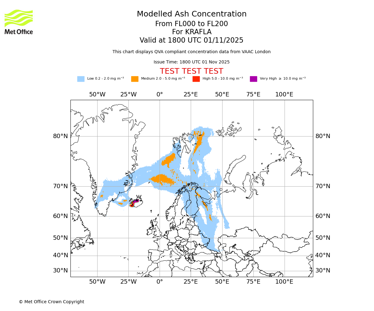 Modelled ash concentration from 000 to 200 for KRAFLA. Valid at 1800 UTC 01/11/2025