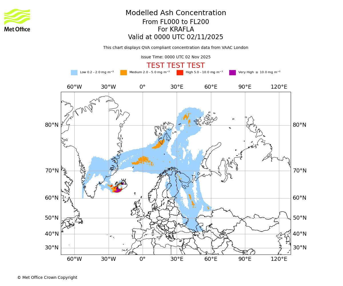 Modelled ash concentration from 000 to 200 for KRAFLA. Valid at 0000 UTC 02/11/2025