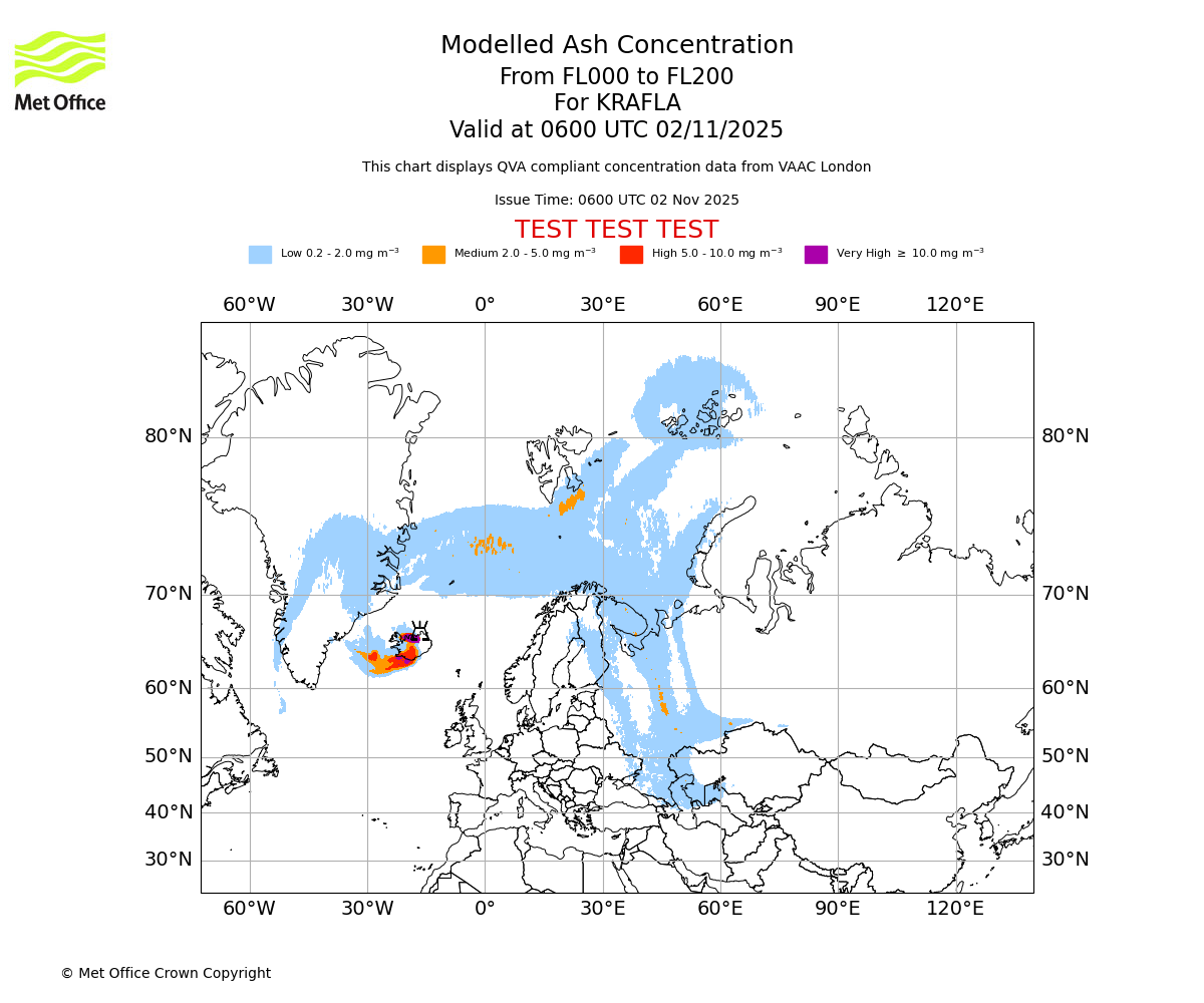 Modelled ash concentration from 000 to 200 for KRAFLA. Valid at 0600 UTC 02/11/2025