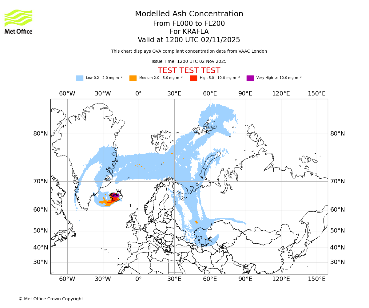 Modelled ash concentration from 000 to 200 for KRAFLA. Valid at 1200 UTC 02/11/2025