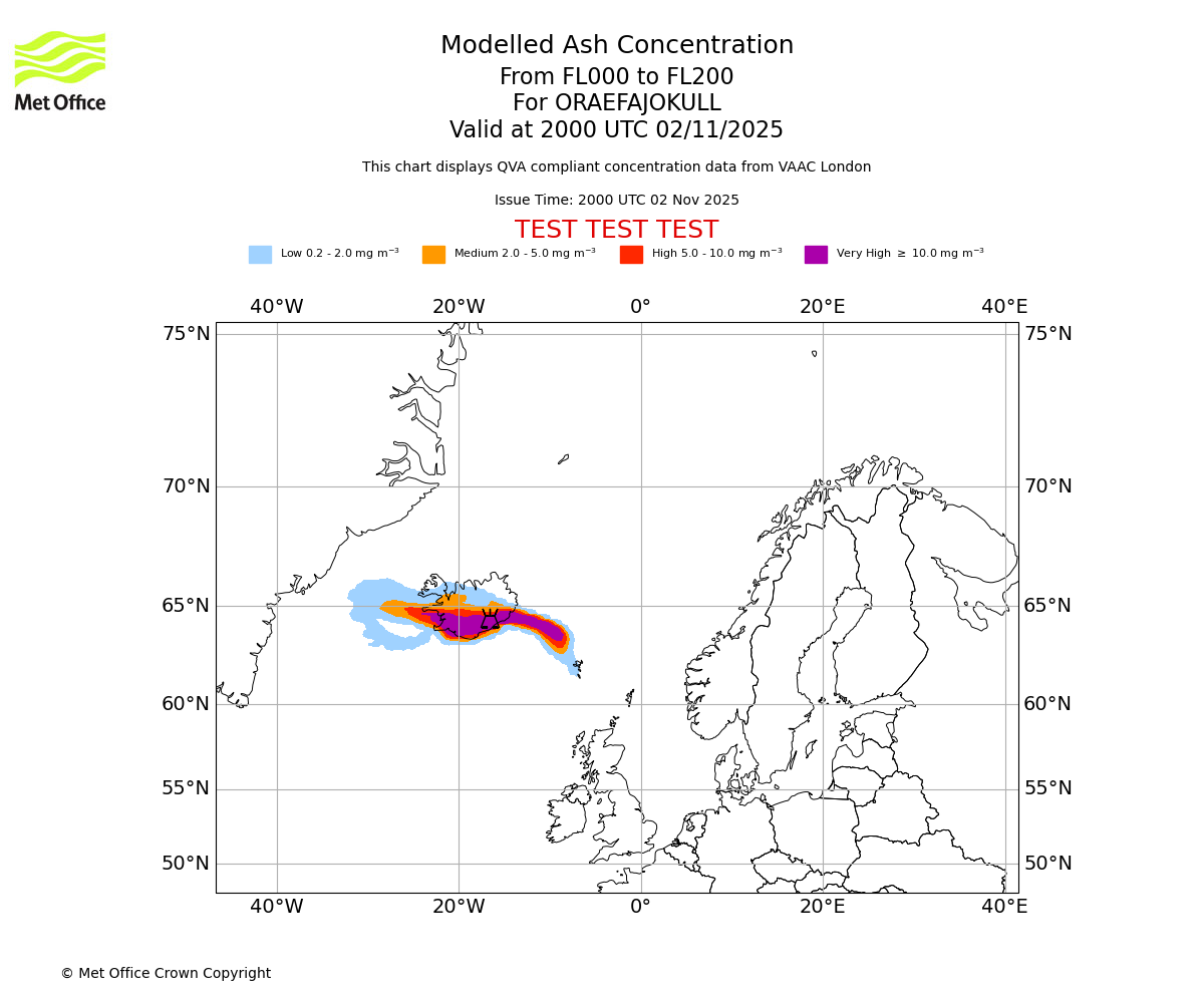 Modelled ash concentration from 000 to 200 for ORAEFAJOKULL. Valid at 2000 UTC 02/11/2025