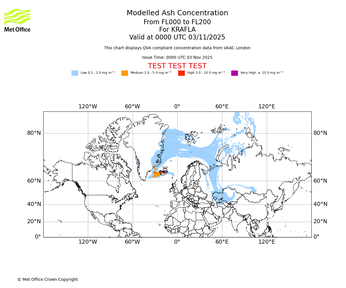 Modelled ash concentration from 000 to 200 for KRAFLA. Valid at 0000 UTC 03/11/2025