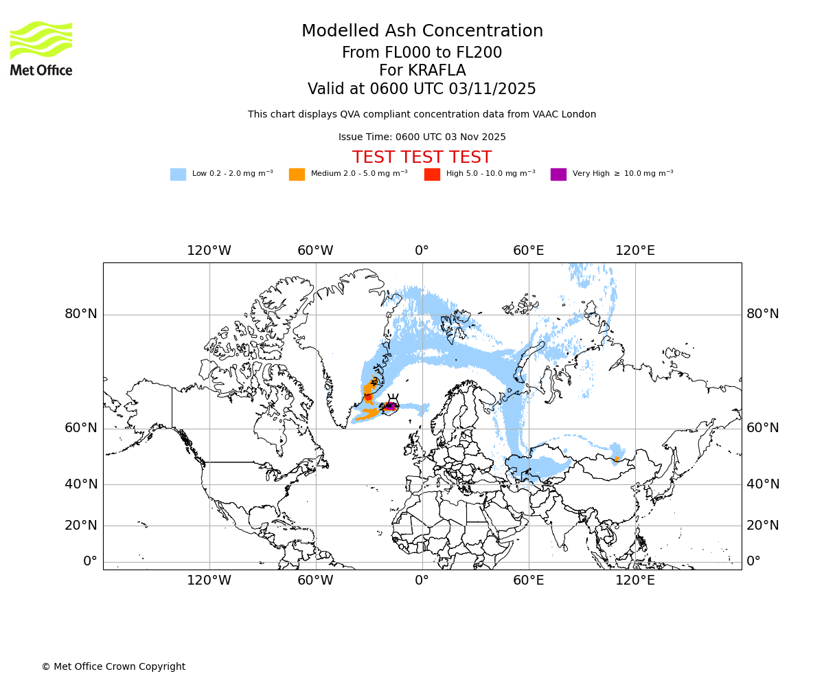 Modelled ash concentration from 000 to 200 for KRAFLA. Valid at 0600 UTC 03/11/2025