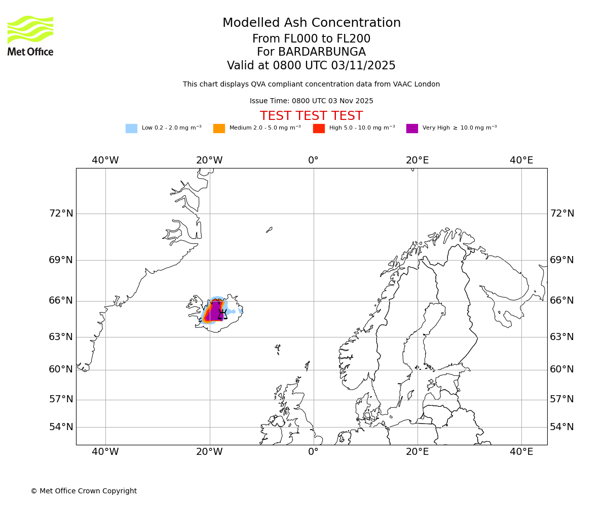 Modelled ash concentration from 000 to 200 for BARDARBUNGA. Valid at 0800 UTC 03/11/2025