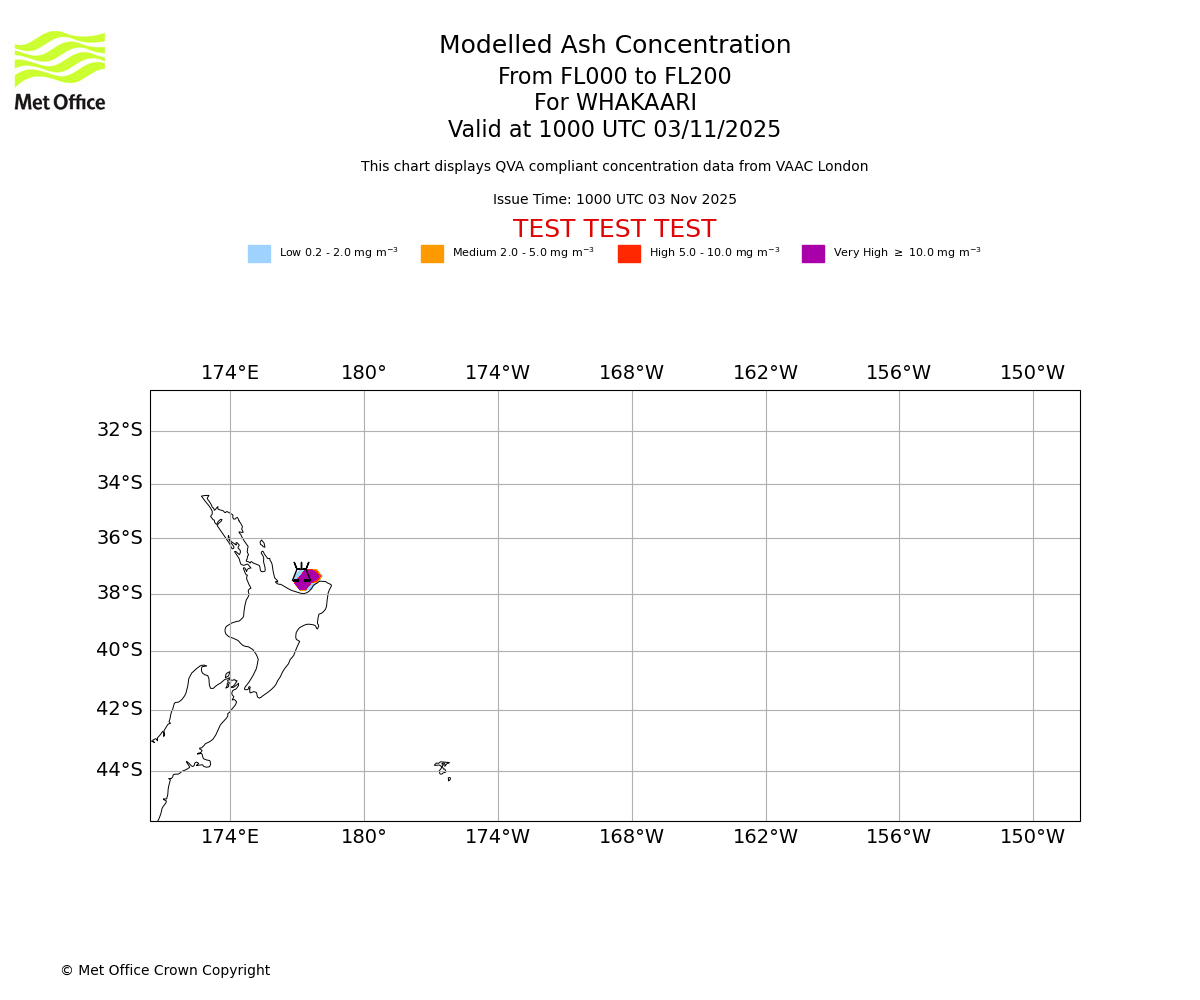 Modelled ash concentration from 000 to 200 for WHAKAARI. Valid at 1000 UTC 03/11/2025