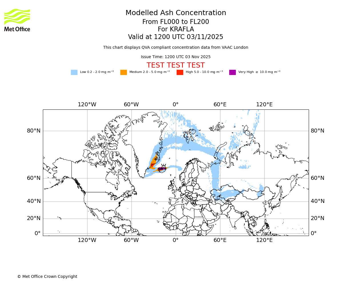Modelled ash concentration from 000 to 200 for KRAFLA. Valid at 1200 UTC 03/11/2025