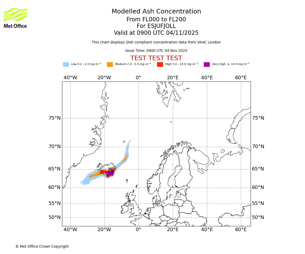 Modelled ash concentration from 000 to 200 for ESJUFJOLL. Valid at 0900 UTC 04/11/2025