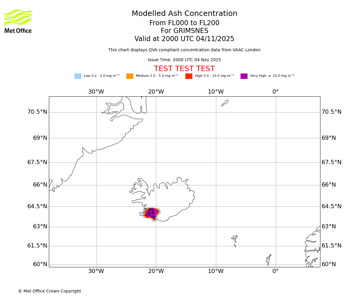 Modelled ash concentration from 000 to 200 for GRIMSNES. Valid at 2000 UTC 04/11/2025