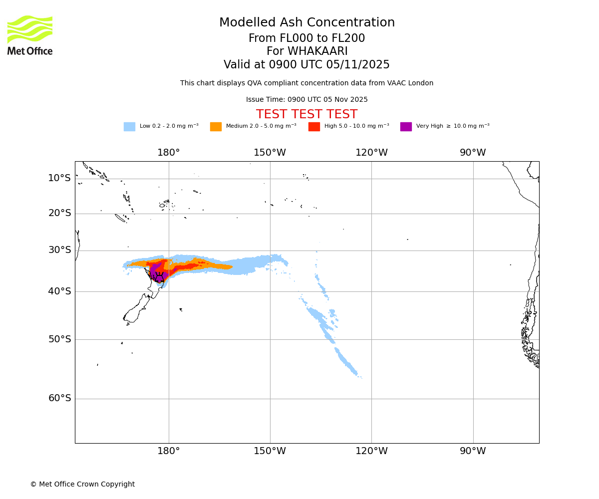 Modelled ash concentration from 000 to 200 for WHAKAARI. Valid at 0900 UTC 05/11/2025