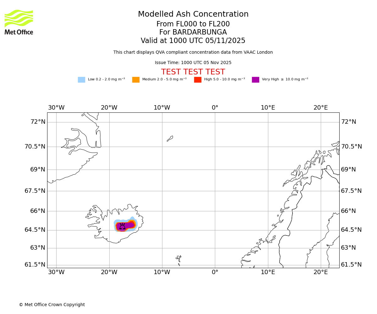 Modelled ash concentration from 000 to 200 for BARDARBUNGA. Valid at 1000 UTC 05/11/2025