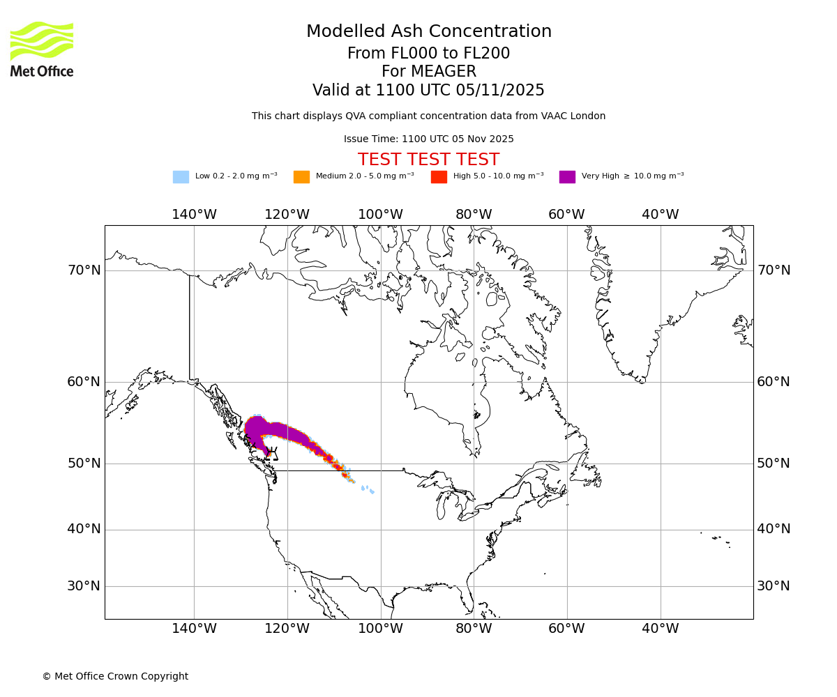 Modelled ash concentration from 000 to 200 for MEAGER. Valid at 1100 UTC 05/11/2025