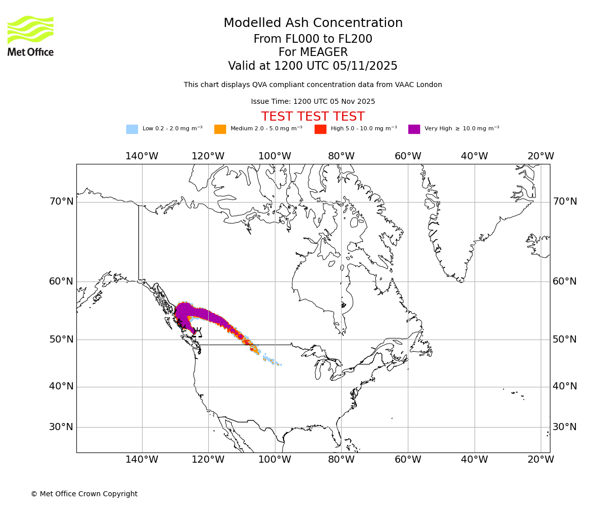 Modelled ash concentration from 000 to 200 for MEAGER. Valid at 1200 UTC 05/11/2025