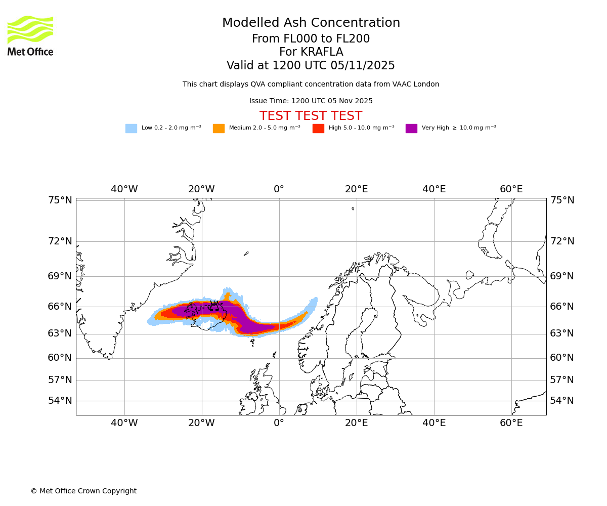 Modelled ash concentration from 000 to 200 for KRAFLA. Valid at 1200 UTC 05/11/2025