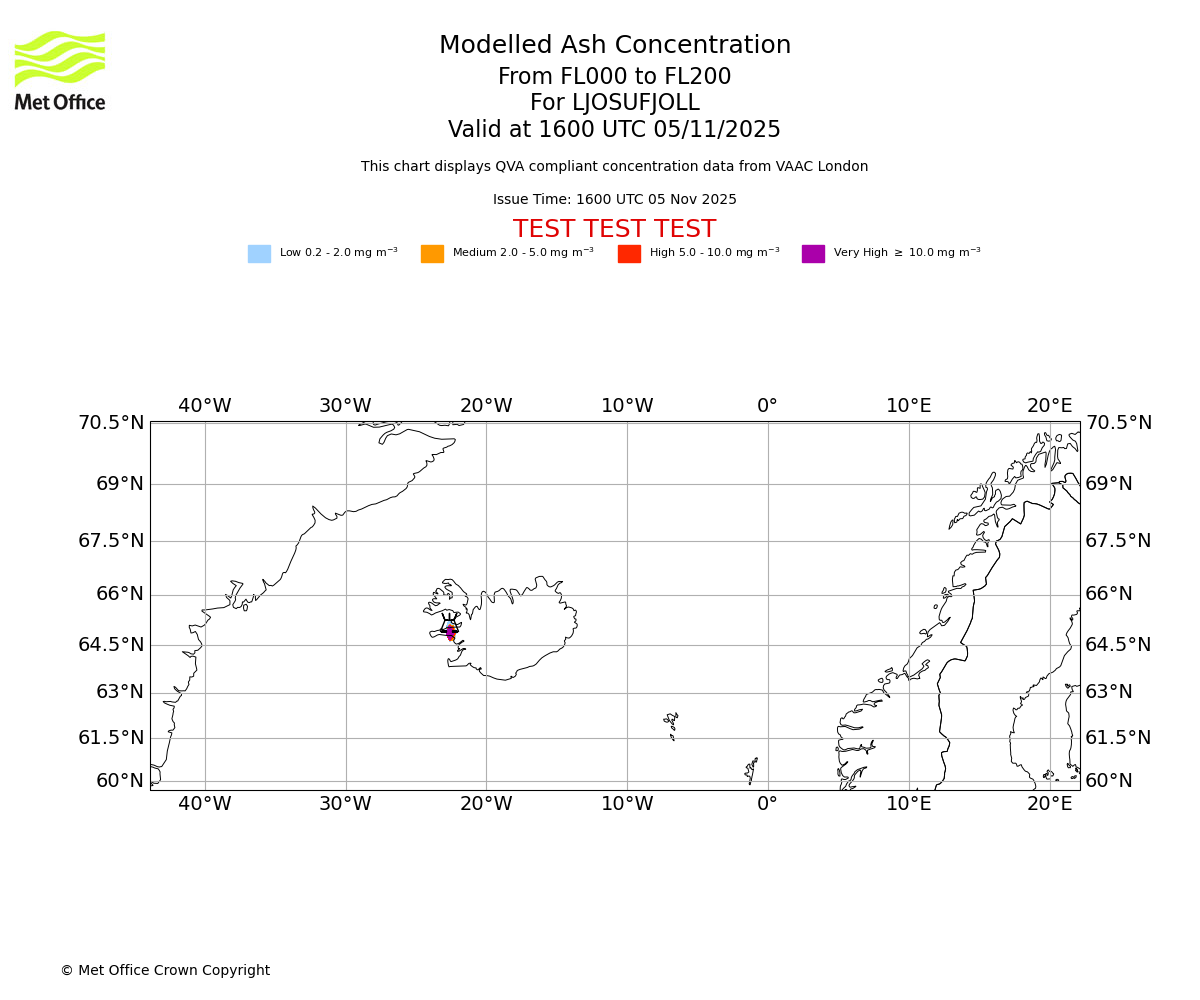 Modelled ash concentration from 000 to 200 for LJOSUFJOLL. Valid at 1600 UTC 05/11/2025