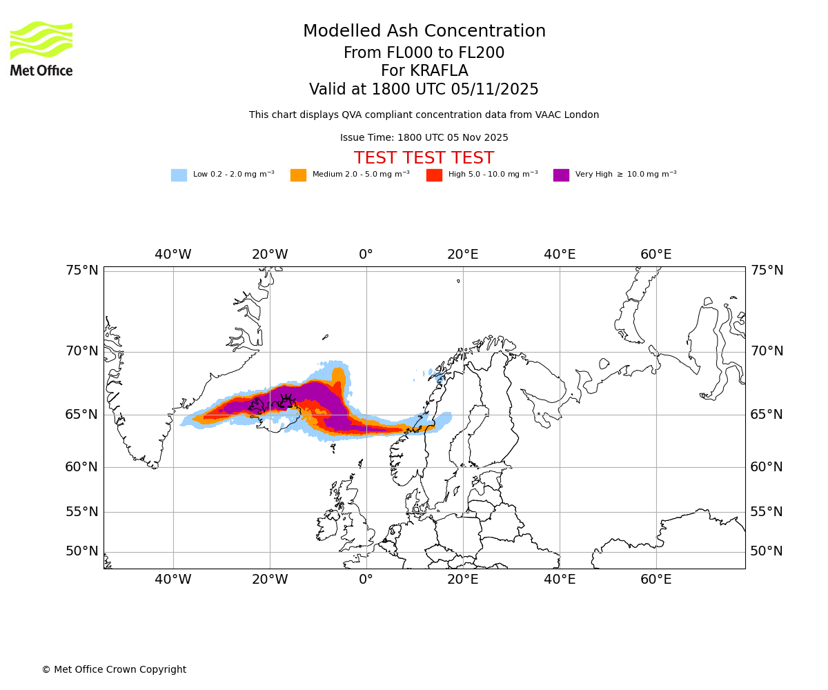 Modelled ash concentration from 000 to 200 for KRAFLA. Valid at 1800 UTC 05/11/2025
