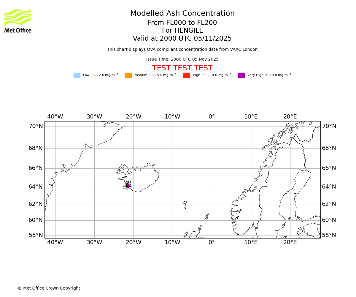 Modelled ash concentration from 000 to 200 for HENGILL. Valid at 2000 UTC 05/11/2025