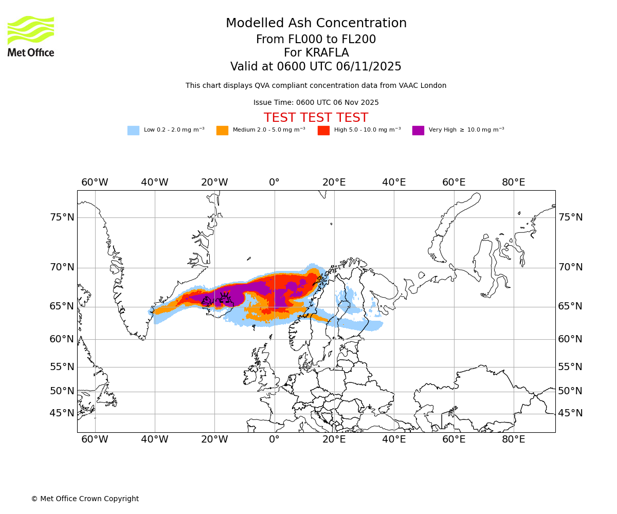 Modelled ash concentration from 000 to 200 for KRAFLA. Valid at 0600 UTC 06/11/2025