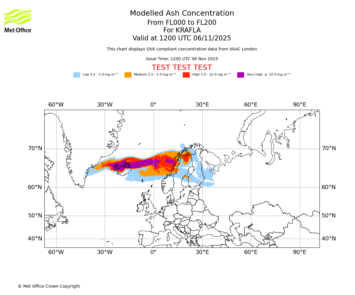 Modelled ash concentration from 000 to 200 for KRAFLA. Valid at 1200 UTC 06/11/2025