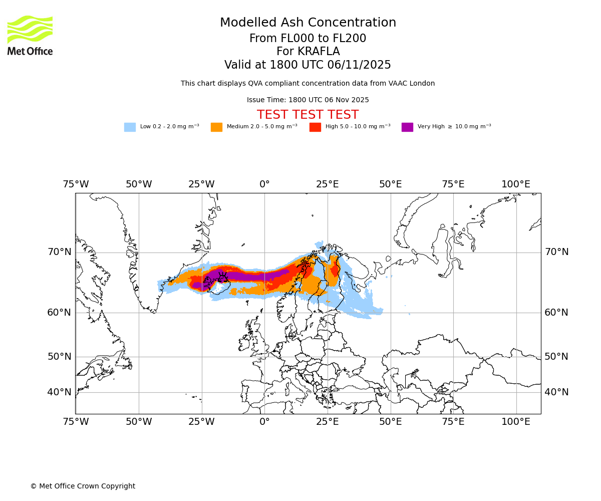 Modelled ash concentration from 000 to 200 for KRAFLA. Valid at 1800 UTC 06/11/2025