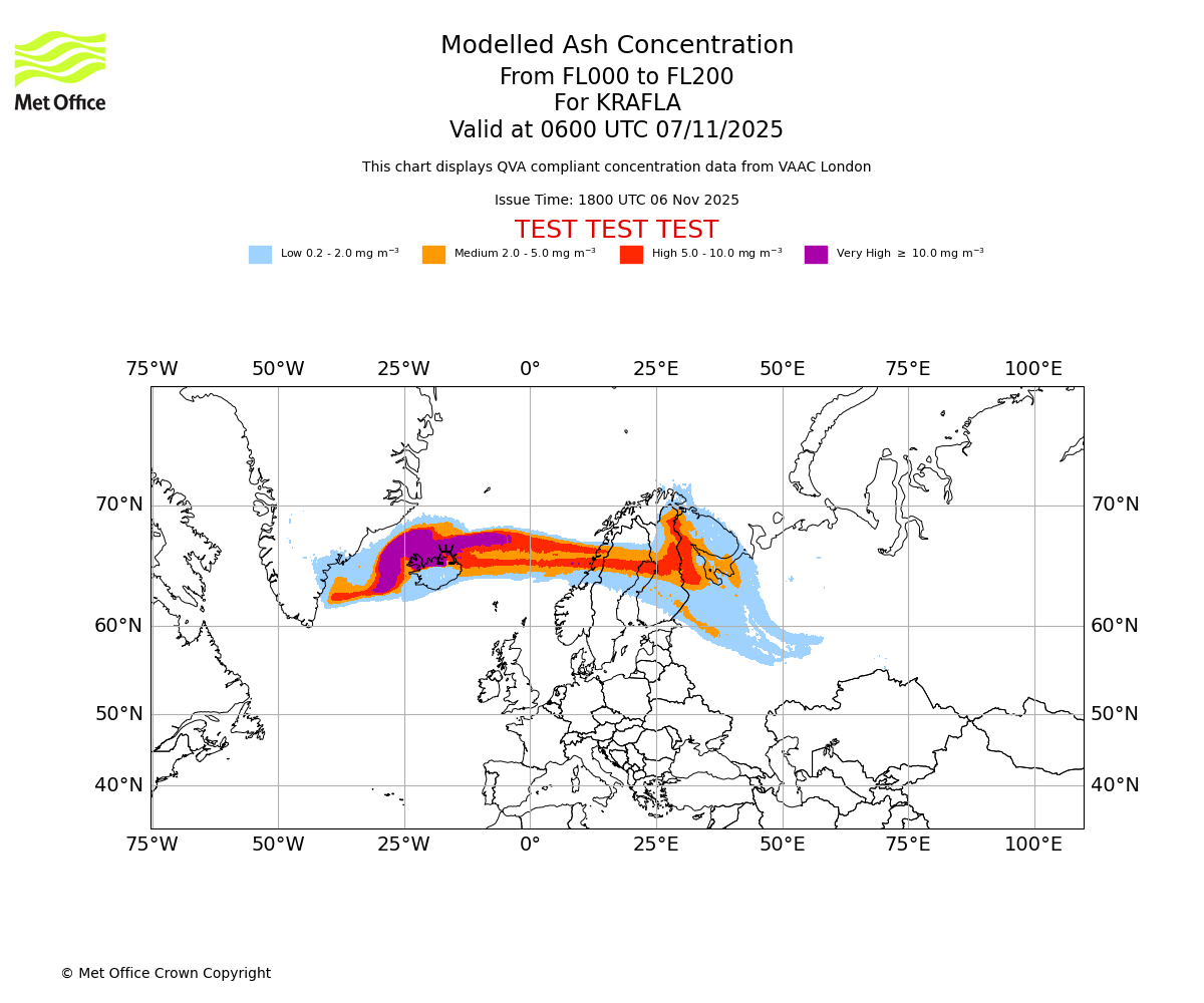 Modelled ash concentration from 000 to 200 for KRAFLA. Valid at 0600 UTC 07/11/2025