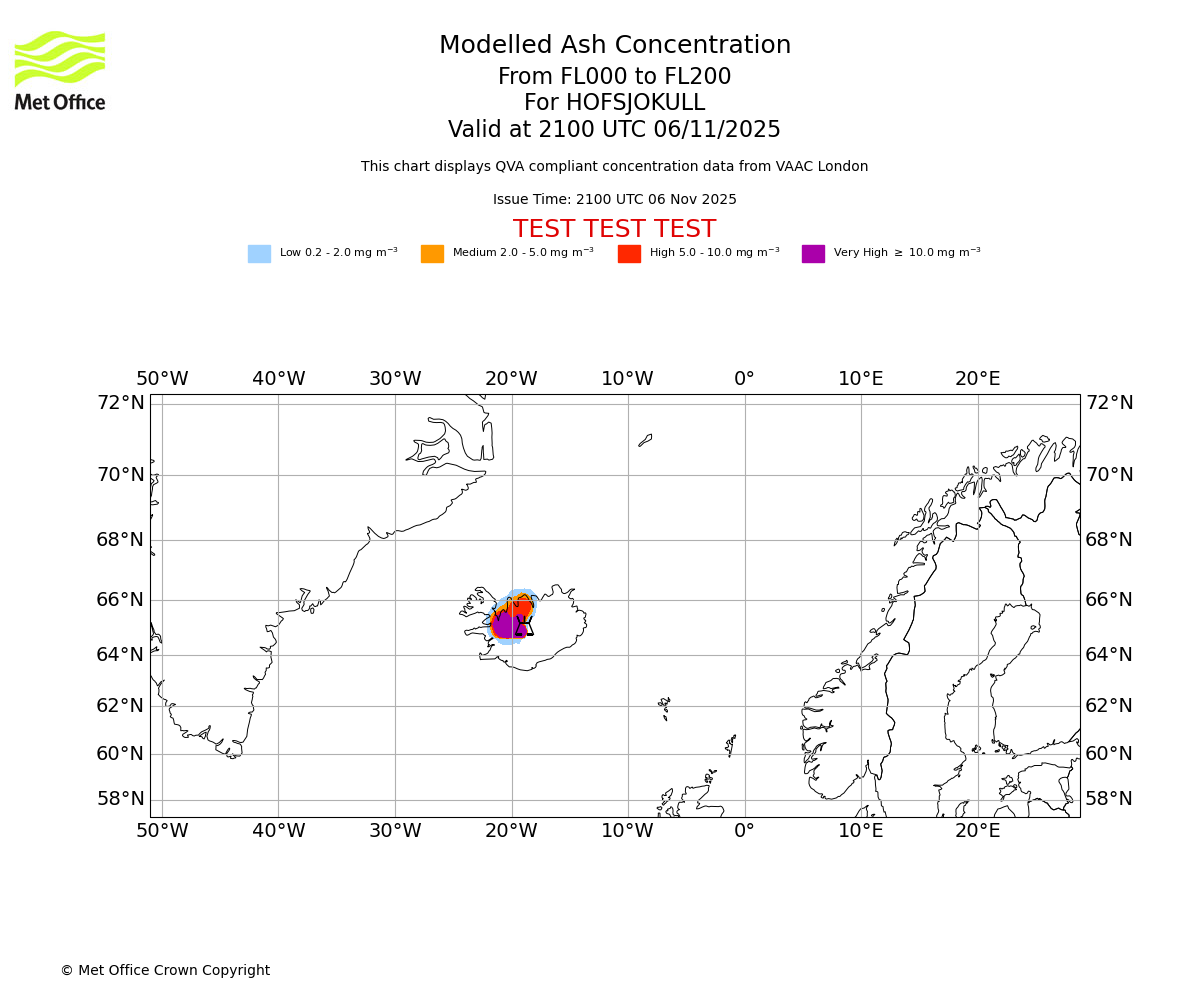 Modelled ash concentration from 000 to 200 for HOFSJOKULL. Valid at 2100 UTC 06/11/2025