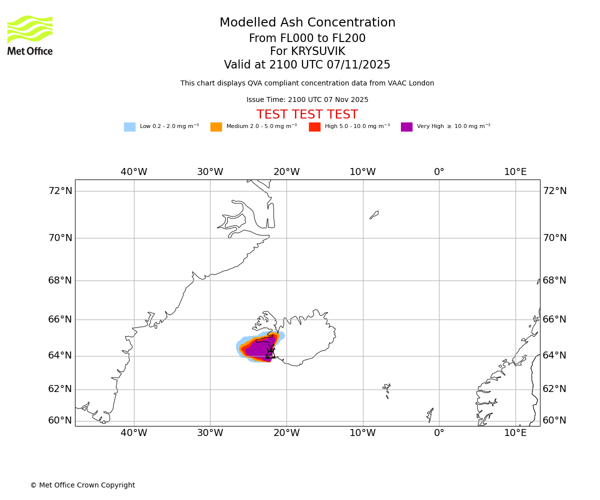 Modelled ash concentration from 000 to 200 for KRYSUVIK. Valid at 2100 UTC 07/11/2025