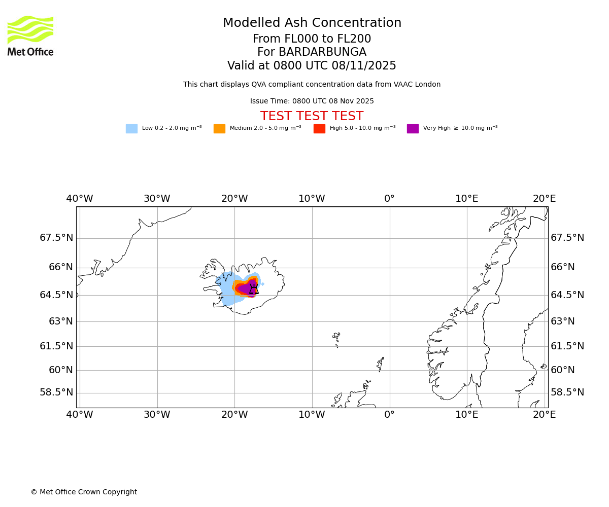 Modelled ash concentration from 000 to 200 for BARDARBUNGA. Valid at 0800 UTC 08/11/2025