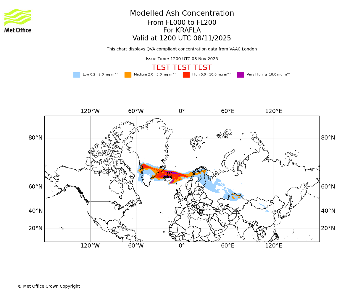 Modelled ash concentration from 000 to 200 for KRAFLA. Valid at 1200 UTC 08/11/2025