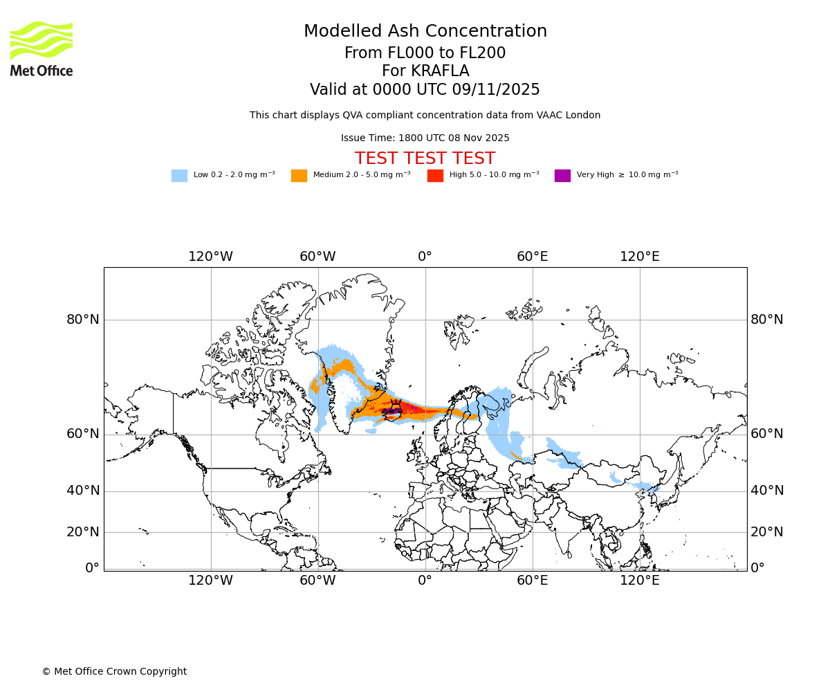 Modelled ash concentration from 000 to 200 for KRAFLA. Valid at 0000 UTC 09/11/2025