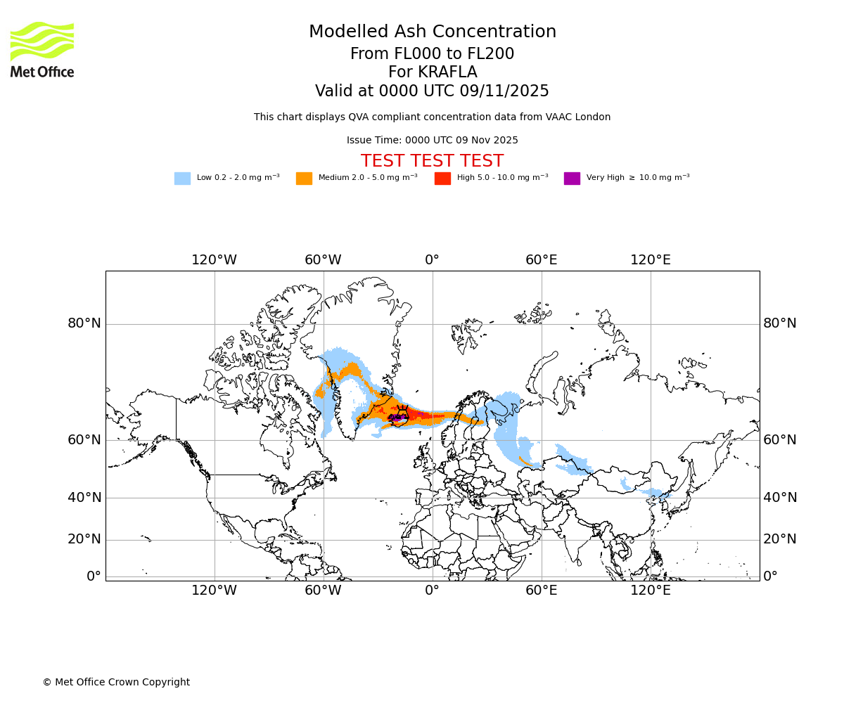 Modelled ash concentration from 000 to 200 for KRAFLA. Valid at 0000 UTC 09/11/2025