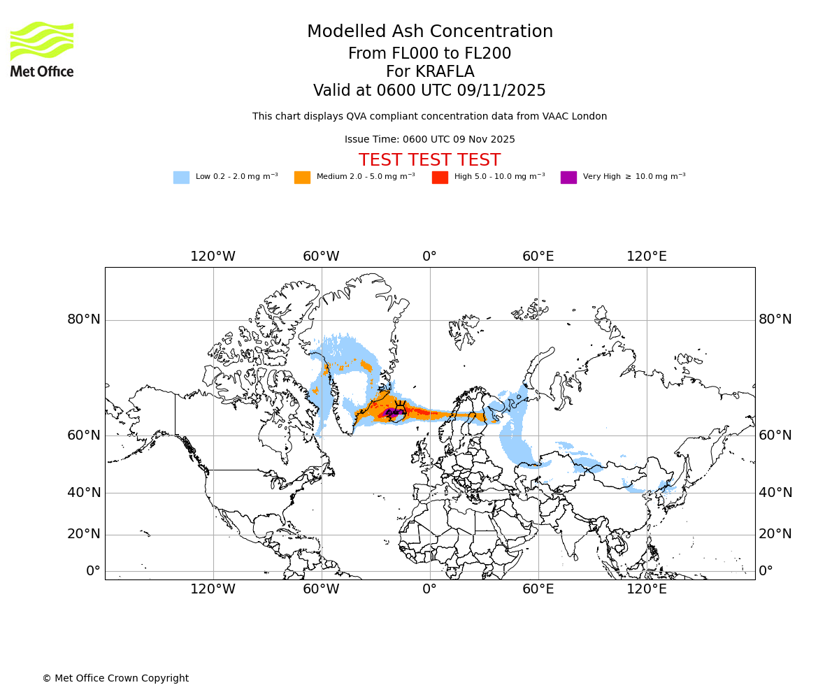 Modelled ash concentration from 000 to 200 for KRAFLA. Valid at 0600 UTC 09/11/2025