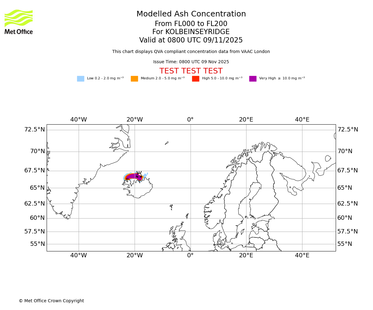 Modelled ash concentration from 000 to 200 for KOLBEINSEYRIDGE. Valid at 0800 UTC 09/11/2025