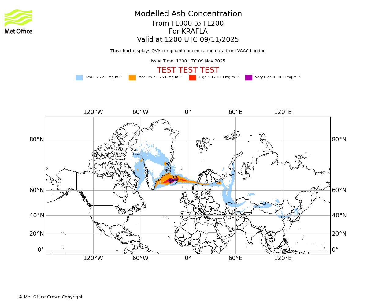 Modelled ash concentration from 000 to 200 for KRAFLA. Valid at 1200 UTC 09/11/2025