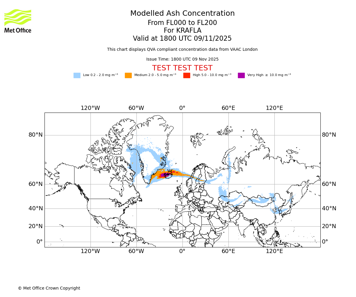 Modelled ash concentration from 000 to 200 for KRAFLA. Valid at 1800 UTC 09/11/2025