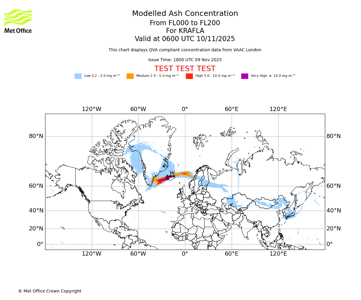 Modelled ash concentration from 000 to 200 for KRAFLA. Valid at 0600 UTC 10/11/2025