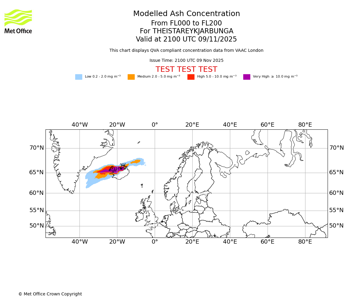 Modelled ash concentration from 000 to 200 for THEISTAREYKJARBUNGA. Valid at 2100 UTC 09/11/2025