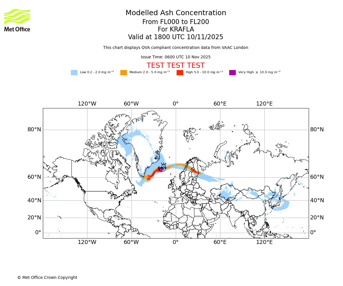 Modelled ash concentration from 000 to 200 for KRAFLA. Valid at 1800 UTC 10/11/2025