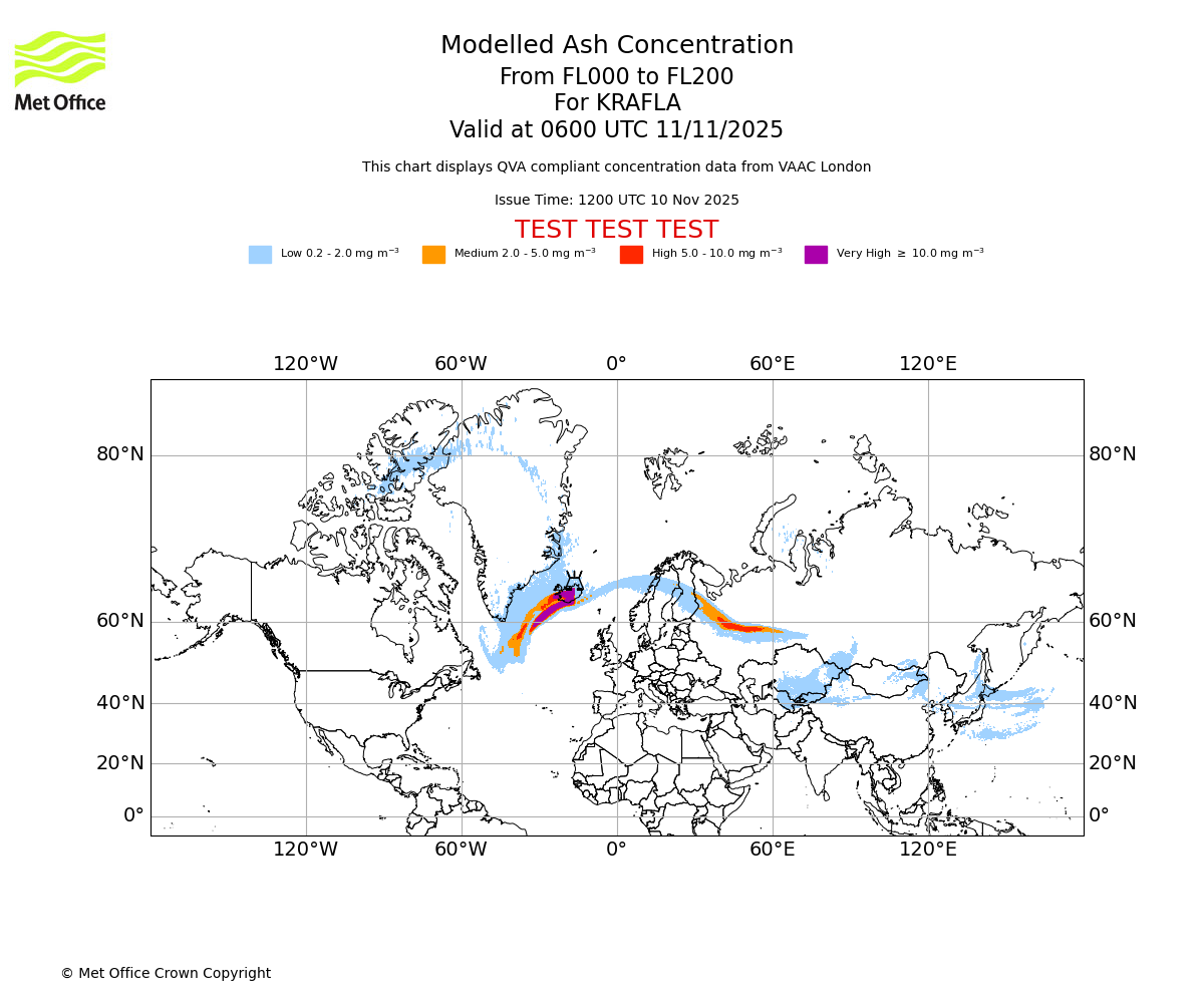 Modelled ash concentration from 000 to 200 for KRAFLA. Valid at 0600 UTC 11/11/2025